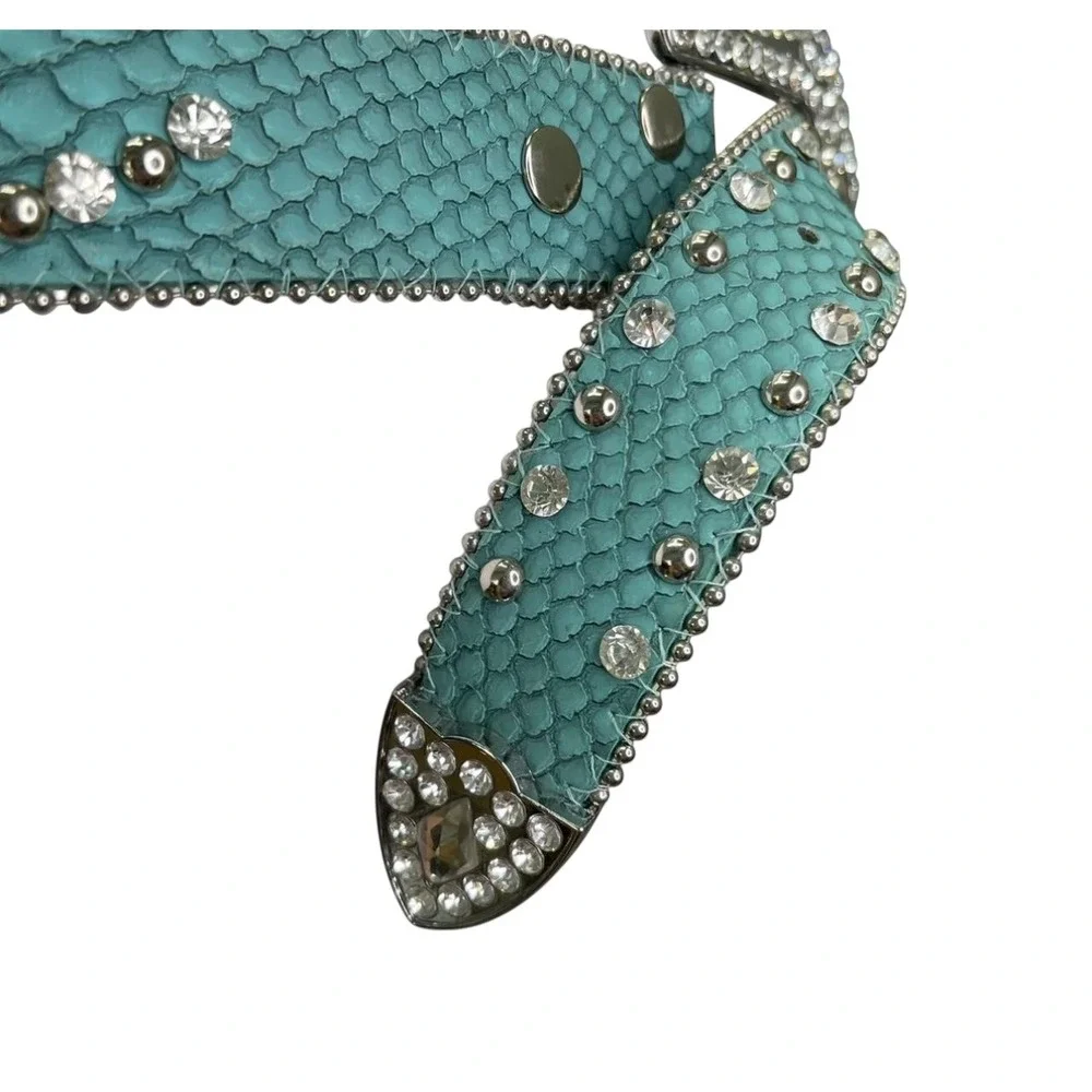 Western Teal Alligator Leather Belt Silver Stud Crystal Rhinestone Conchos Small - Picture 3 of 8